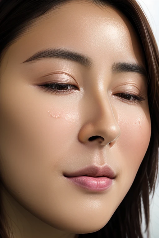 Beautiful Japanese,1 girl(masterpiece:1.2, highest quality), (Realistic, photoRealistic:1.4),, Keep your eyes clearly focused, Nose and mouth,Face Focus, Extreme close up of face、 Age 35,Black Hair、Symmetrical face,Realistic nostrils、Angle from below、Elongated C-shaped nostrils(Sharp Nose)Sweaty skin、Shiny skin,((Brow wrinkles)))(On the tongue)、Deep Kiss、((Thin eyebrows))Oily skin、glistening shining skin、double eyelid、Beautiful woman、Medium Hair,Rolling your eyes,、Shortcuts((half-closed eyes, frown, grimace, scowl))((oily skin,sweat))((Shiny skin)((Sweaty skin))(((licking lips)))Symmetrical face,