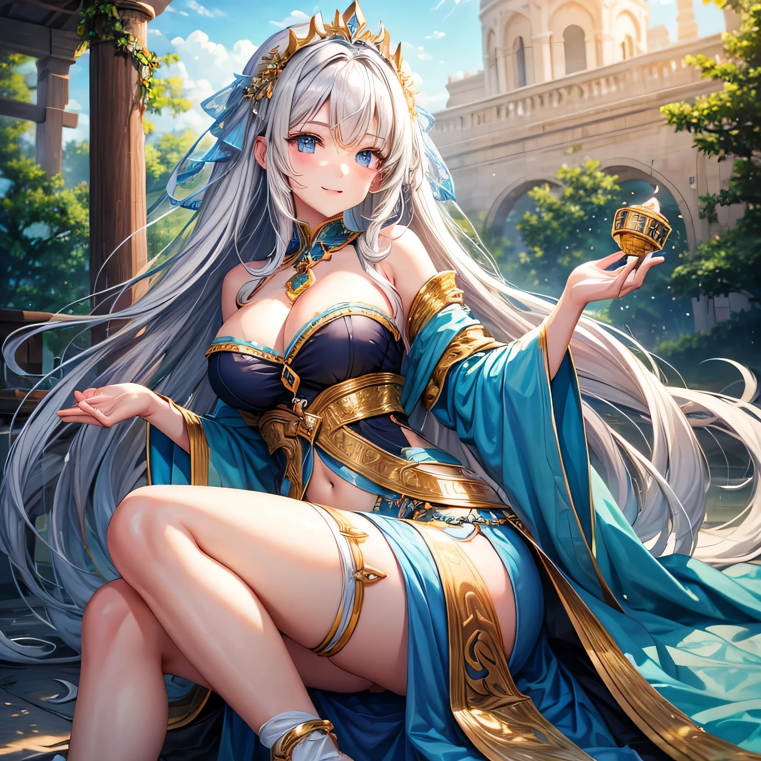 Whitening　Gray Hair　Long Hair　blue eyes　smile　tiara　green egyptian costume　beauty　sexy　Big Breasts　mature　whole　Mysterious　charm　Charming　pyramid　valley key　Beautiful breasts　fortune teller　