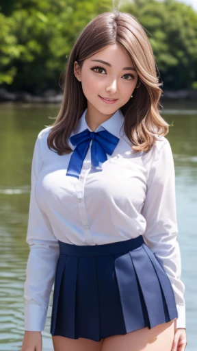(masterpiece:1.2, highest quality), (Realistic, photoRealistic:1.4), Beautiful illustrations, (Natural Side Lighting, Cinema Lighting),
View your viewers, Cowboy Shot, Front view, 1 girl, Japanese, high school girl, Perfect Face, Cute and symmetrical face, Shiny skin,
(Middle Hair:1.2, Both sides up:1.2, Light brown hair), Golden Eyes, (big breasts:0.6, Captivating thighs),
Beautiful Hair, Beautiful Face, Beautiful fine details, Beautiful clavicle, Beautiful body, Beautiful breasts, Beautiful thighs, Beautiful feet, Beautiful fingers,
((White collared shirt with long sleeves, Navy Pleated Skirt, Blue bow tie)), Hair Ribbon,
(Beautiful views), evening, River side, walking, (Cute smile, Upward glance),