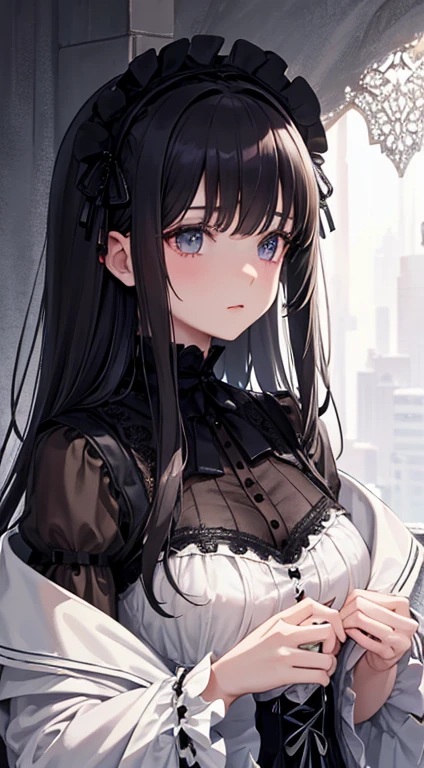 Before me lies a breathtaking scene, Born into one of the world's most esteemed families, she carries an elegance and innocence that defies her age. Yet, her splendor is revealed through her noble Gothic Lolita fashion. This intricate masterpiece is the creation of a hyperrealist artist, whose love for detail is evident in every stroke.

Her outfit is a harmonious blend of pure white and black, embodying the very essence of Gothic Lolita fashion. The realistic textures of velvet and silk, as well as the high-quality lace and ribbons, are meticulously reproduced, setting her apart from her youthful peers. The exquis