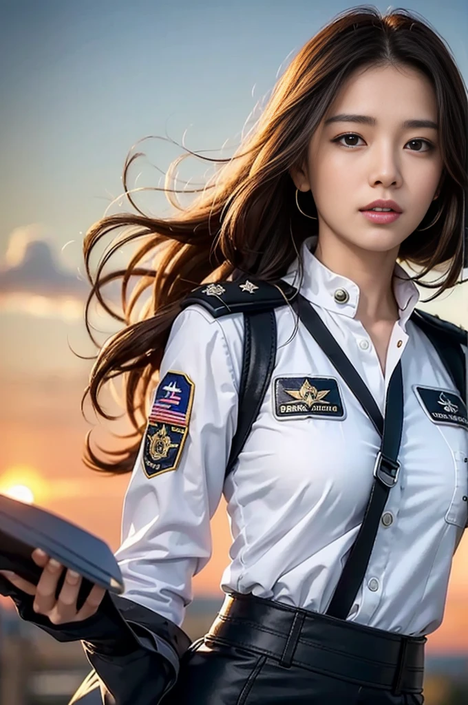 (Best quality, 8k, 32k, Masterpiece, UHD:1.2), (realistic:1.5), (masterpiece, Extremely detailed CG unity 8k wallpaper, best quality, highres:1.2), (ultra detailed, UHD:1.2), Photo of extremely cute and beautiful Japanese woman, (chestnut long wavy hair:1.2), adult, (detailed beautiful girl:1.4), best quality, woman, adult, (detailed US air-force pilot uniform:1.5), (white pilot captain jacket:1.3), (black high-waist pencil skirt:1.3), (Beautiful sunset US air force base runway view background:1.2), embarrassed laughing:1, looking at viewer, facing the viewer, ((perfect female body)), (narrow waist:1.2), (upper body image:1.3), slender, abs, (large breasted:1.25), frame the head, wind, dynamic pose, cinematic light, back light, detailed clothes, perfect anatomy, perfect proportion, detailed human body, stylish model pose,