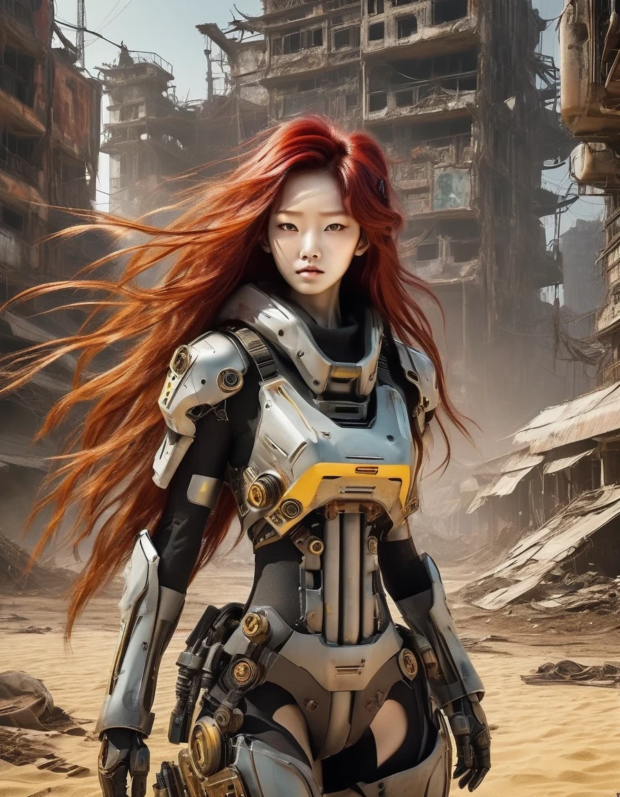 Post-apocalyptic wasteland，（A very beautiful and powerful heroine in the doomsday world），Mecha Clothing，Extra long red hair，Beautiful Asian face，, mechanical, Glass mask passes light through, Delicate skin texture, Determined gaze，It&#39;s the scorching sun and strong wind，Yellow sand rolling，The broken eaves and broken walls are everywhere, and the scene is desolate.，Sunset background、Colorful light、Multiple colors、Mid-shot、side view、C4D、Futurism、Sci-fi style、8K、Cyberpunk、Complex lines、Extreme details，Exaggeration in appearance，Can make enemies feel fear。Many items are basically worn out.，Rust，The form of splicing，Add splash graffiti to create the environment of a wasteland world。Elements such as neon lights will often appear in Post-apocalyptic wasteland。The most important point is that the wasteland world is a world after the collapse of technological civilization.，Productivity setbacks，Material resources are extremely scarce，And scarcity is the essence of the world，The inequality of supply and demand gives things value。