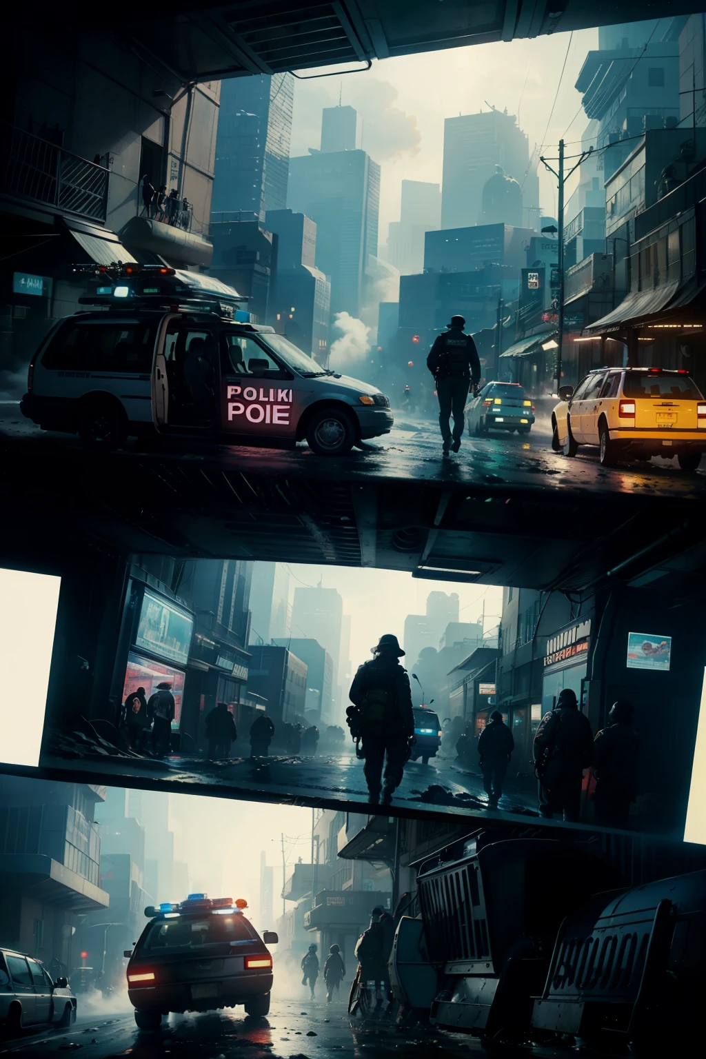 ((highest quality)), ((masterpiece)), (be familiar with), (High definition), (Accurate), (Realistic), (Cinematic), (Best Shadow), (Low contrast), (8K), Perfect Face, ((SYD MEAD style)), manga、mangaデザイン、Storyboard、Frame division、(Two police officers from the Metropolitan Police Department)、((Police are searching for a woman:1.2))、(Scramble crossing), Police Vehicles、(Drones fly overhead.)、The car is jammed、congestion, congestion, Decadent Future City, NEO TOKYO, A.D.2051, (steam:1.2), It's raining white, evening, 