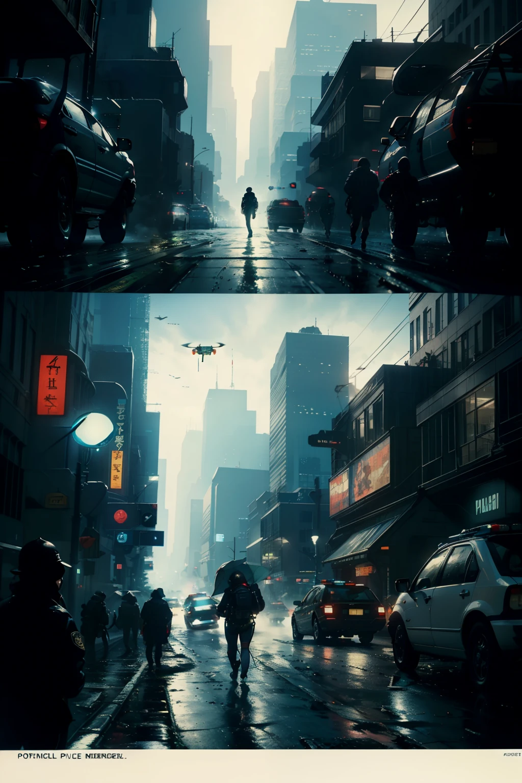 ((highest quality)), ((masterpiece)), (be familiar with), (High definition), (Accurate), (Realistic), (Cinematic), (Best Shadow), (Low contrast), (8K), Perfect Face, ((SYD MEAD style)), manga、mangaデザイン、Storyboard、Frame division、(Two police officers from the Metropolitan Police Department)、((Police are searching for a woman:1.2))、(Scramble crossing), Police Vehicles、(Drones fly overhead.)、The car is jammed、congestion, congestion, Decadent Future City, NEO TOKYO, A.D.2051, (steam:1.2), It's raining white, evening, 