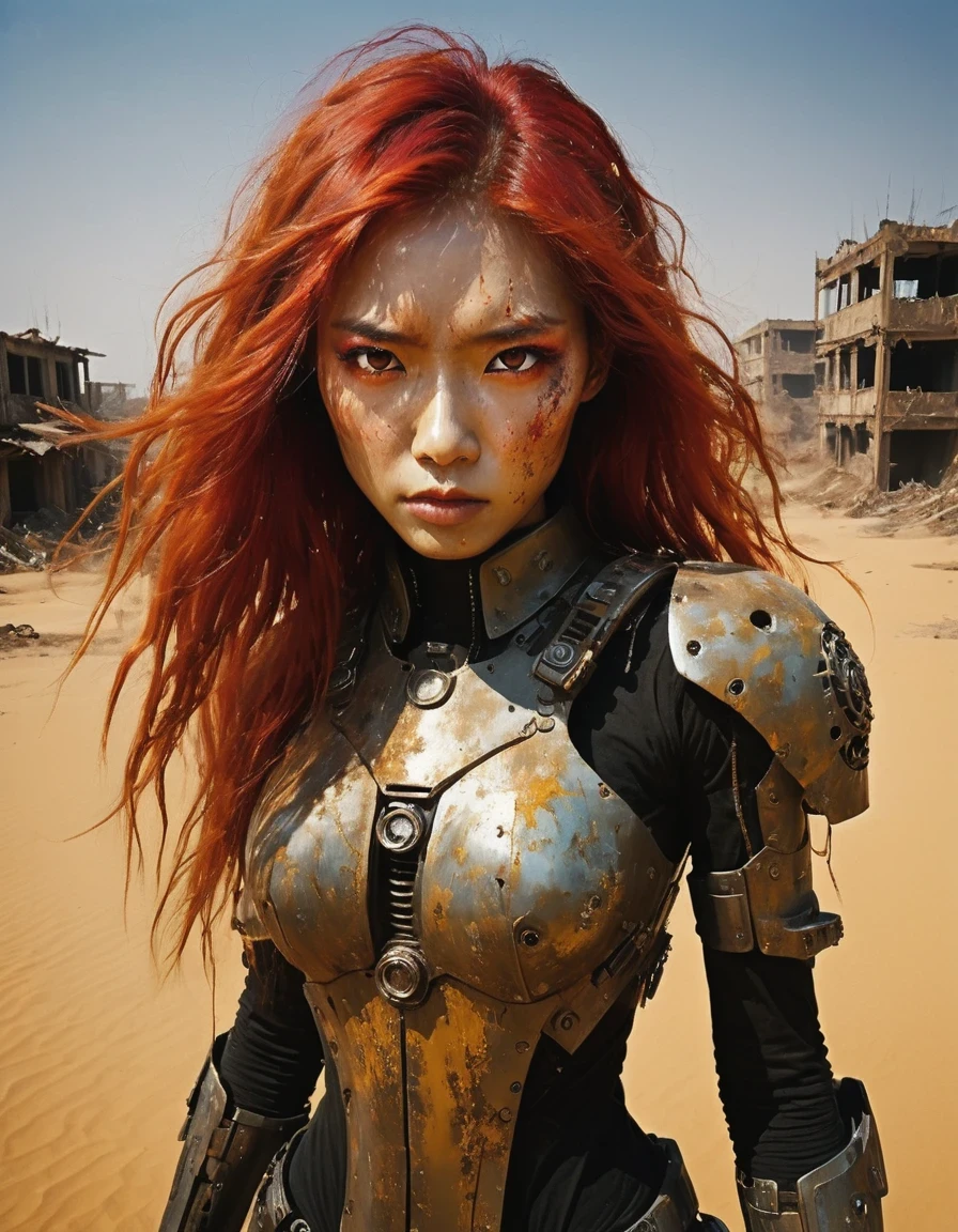 Post-apocalyptic wasteland，（A very beautiful and powerful heroine in the doomsday world），Mecha Clothing，Extra long red hair，Beautiful Asian face，, mechanical, Glass mask passes light through, Delicate skin texture, Determined gaze，It&#39;s the scorching sun and strong wind，Yellow sand rolling，The broken eaves and broken walls are everywhere, and the scene is desolate.。In a post-apocalyptic environment，Regardless of appearance or practicality，Everything is for survival，Exaggeration in appearance，Can make enemies feel fear。Many items are basically worn out.，Rust，The form of splicing，Add splash graffiti to create the environment of a wasteland world。Elements such as neon lights will often appear in Post-apocalyptic wasteland。The most important point is that the wasteland world is a world after the collapse of technological civilization.，Productivity setbacks，Material resources are extremely scarce，And scarcity is the essence of the world，The inequality of supply and demand gives things value。