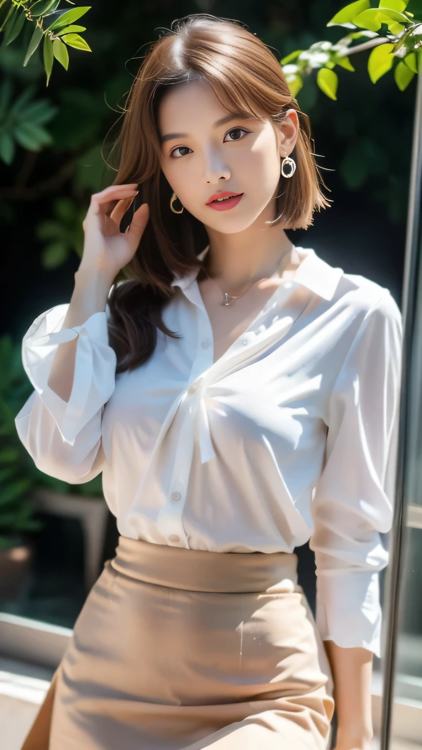 ((highest quality、8k、masterpiece: 1.3))、Perfect body beauty: 1.4、Slim Abs: 1.2、beautiful woman with slim abs:1.3、(Highlight Haircut、Breast A cup:1.2), Small breasts, Round shaped breasts, Perfectly shaped breasts, (((loose sheer shirt))), (good, ), Simple Necklace, Ultra detailed face、18-year-old、 Beautiful woman、(Dark brown shortcuts), Slim face、Highly detailed face and skin texture、Highly detailed lips、Spread your legs、highest quality、masterpiece、超A high resolution、(Photorealistic:1.4), I walked with confidence, Open your arms, Long Shot , (Outdoor), Light background, Sunset Light,

((News Programs, Open glass windows:1.2)),
((Beautiful female announcer,White blouse,Tight skirt:1.5)), 
((A gaze that seduces men, Unbutton your blouse, No bra:1.2)),
((Gorgeous Earrings, Silver Necklace)), 
((Bright lighting, Foliage plant:1.2)),

Ultra-detailed skin, Fair skin, Glossy Skin, Ultra detailed face, 
Slim face contour, Beautiful small face, Beautiful straight nose, 
Ultra-detailed eyes, Slit eyes, Brown eyes, double eyelid, Ultra-thin eyebrows, Thin, long eyelashes, 
Ultra-detailed lips, Plump and moisturized lips, glossy pink lips, Flushed Cheeks, ((White beautiful teeth)), 
Beautiful actress&#39;s ennui makeup, Pink lipstick, 
Dark Brown Hair, Delicate soft hair, Hair blowing in the wind, 
(Put your hair up, Medium Short Hair, ponytail:1.2), 
Layered Cut, (Blunt bangs:1.2), 
Cute smile, Mouth half open, A dreamy look, ((Staring at the viewer)), 
(((Photorealism,Shoot the whole body from the thighs:1.2))), ((The body is facing sideways)), 
Dynamic Lighting, 