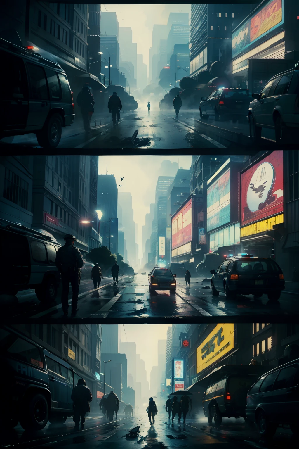 ((highest quality)), ((masterpiece)), (be familiar with), (High definition), (Accurate), (Realistic), (Cinematic), (Best Shadow), (Low contrast), (8K), Perfect Face, ((SYD MEAD style)), manga、mangaデザイン、Storyboard、Frame division、(Two police officers from the Metropolitan Police Department)、((Police are searching for a woman:1.2))、(Scramble crossing), Police Vehicles、(Drones fly overhead.)、The car is jammed、congestion, congestion, Decadent Future City, NEO TOKYO, A.D.2051, (steam:1.2), It's raining white, evening,
