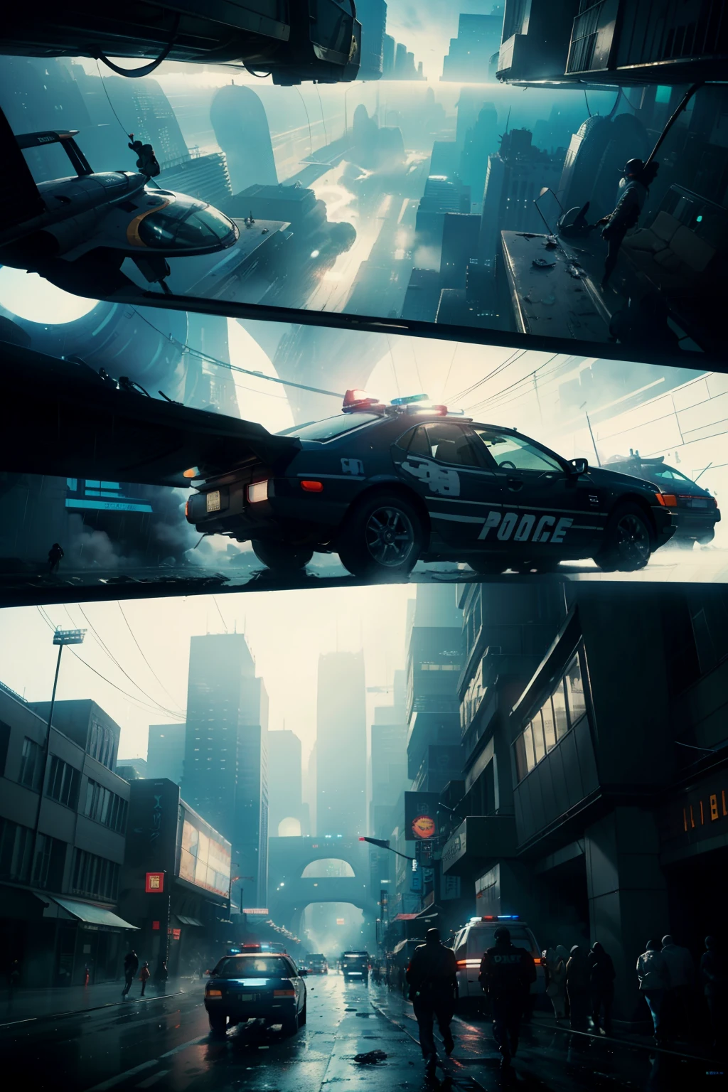 ((highest quality)), ((masterpiece)), (be familiar with), (High definition), (Accurate), (Realistic), (Cinematic), (Best Shadow), (Low contrast), (8K), Perfect Face, ((SYD MEAD style)), manga、mangaデザイン、Storyboard、Frame division、(Two police officers from the Metropolitan Police Department)、((Police are searching for a woman:1.2))、(Scramble crossing), Police Vehicles、(Drones fly overhead.)、The car is jammed、congestion, congestion, Decadent Future City, NEO TOKYO, A.D.2051, (steam:1.2), It's raining white, evening,