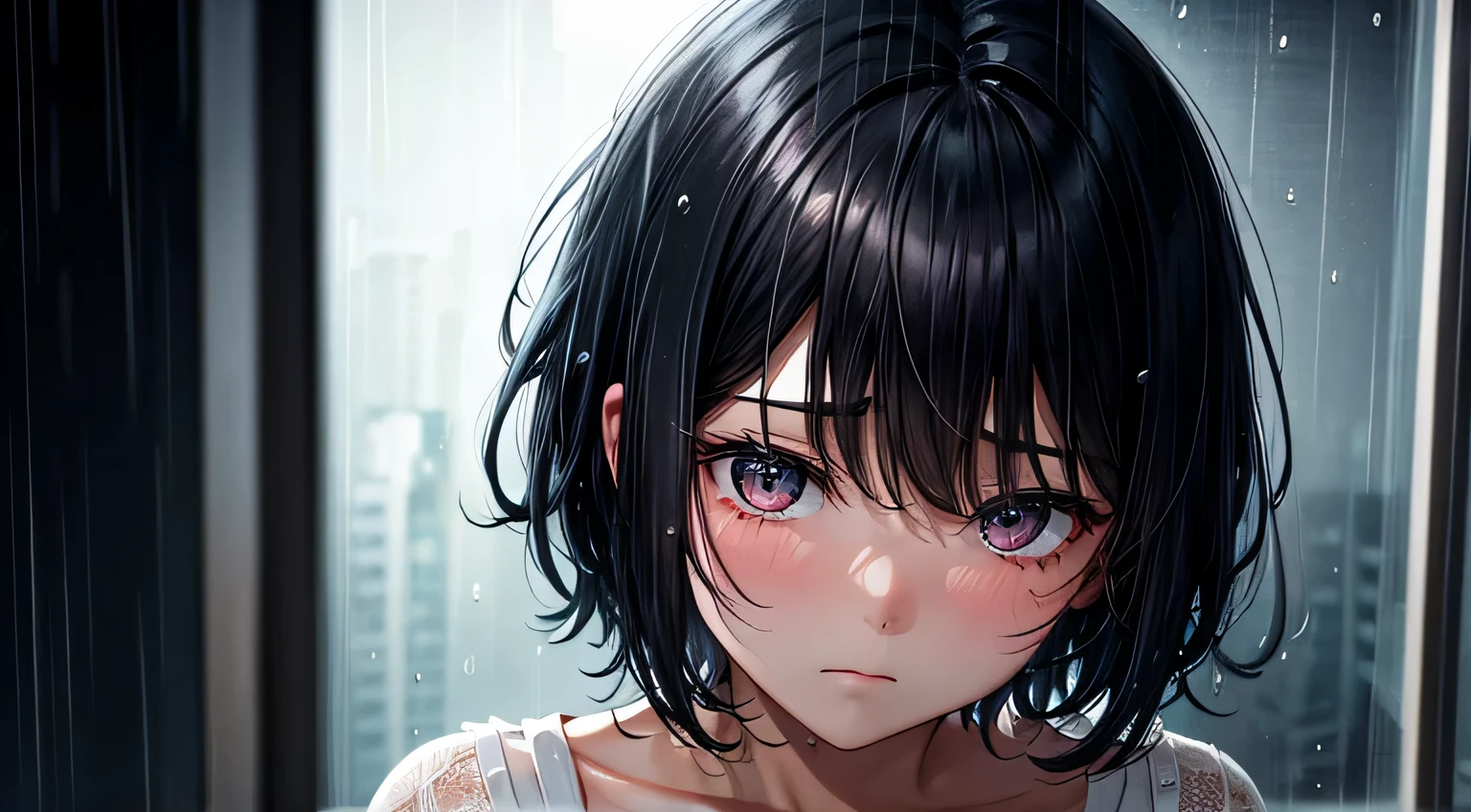 Sad expression night woman Black Hair short hair Inside the room Rain outside the window