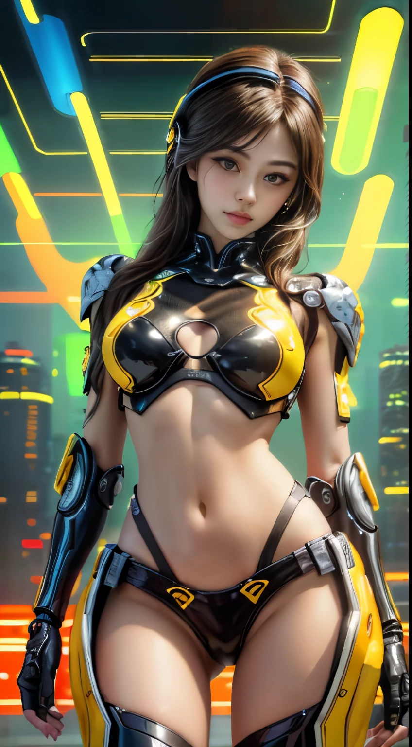 Virtual image,Realistic 8K images,hips up,Masterpiece,Complete Anatomy,Complete dynamic composition,morning sun,Light hits the front,young woman with long brown hair,Staring at me.,A small but cute smile,The machine is connected to the body.,Wear headphones with bright neon lights.,alone,,Has tattoos on his upper arms and stomach.,complicated details,Weird details,future world,Above expectations,Cyberpunk with bright neon lights all around.,glowing cyberpunk,cybernetic robot((White-red-yellow-gold cyberpunk figure..)),Bikini body-,white tank top,The background of the large gears is deserted..