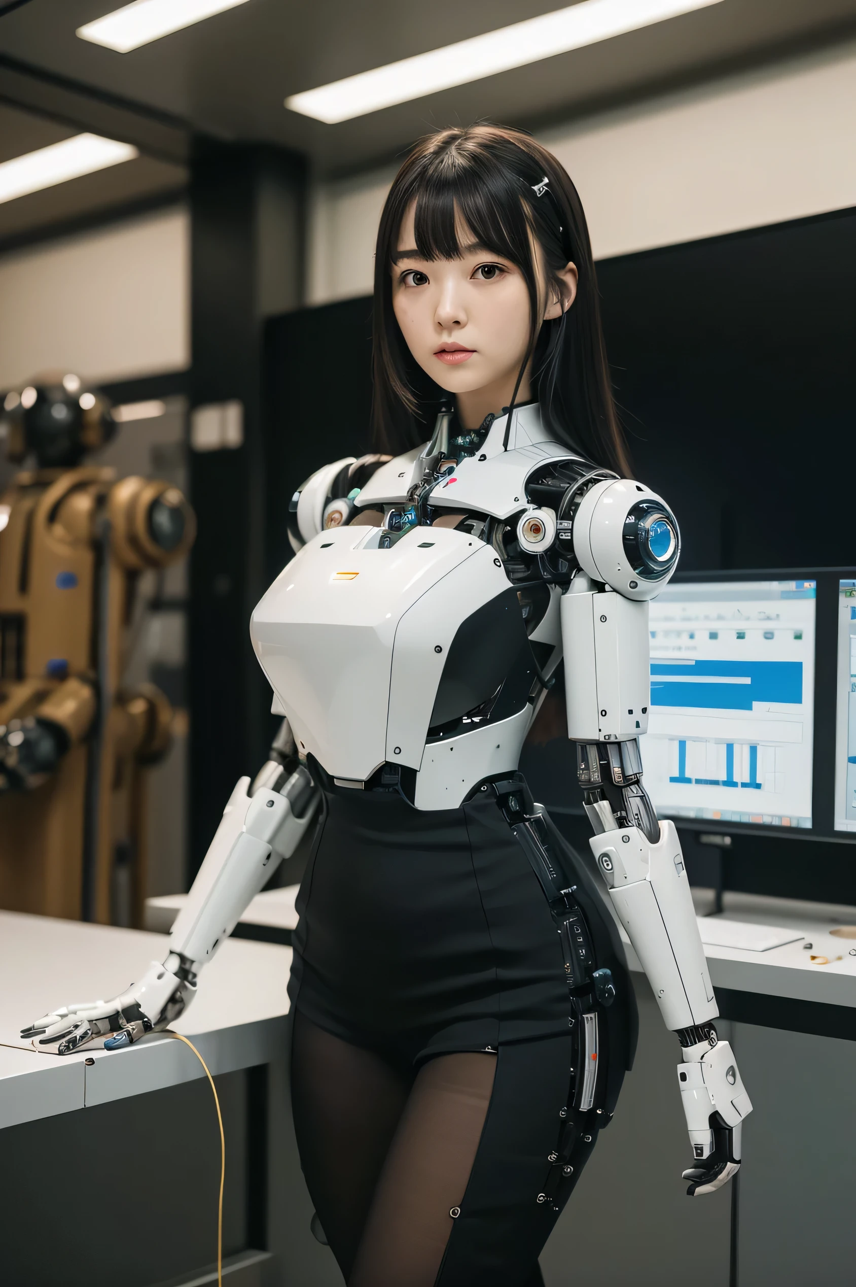 masterpiece, best quality, extremely detailed, Japaese android girl,portrait,Plump,a bit chubby,control panels,android,Droid,Mechanical Hand, Robot arms and legs, Black hair,Blunt bangs,perfect robot girl,long tube,thick cable connected her neck,android,robot,humanoid,cyborg,japanese cyborg girl ,robot-assembly plant,She is assembling now,assembly scene,camera eyes,chest monitor