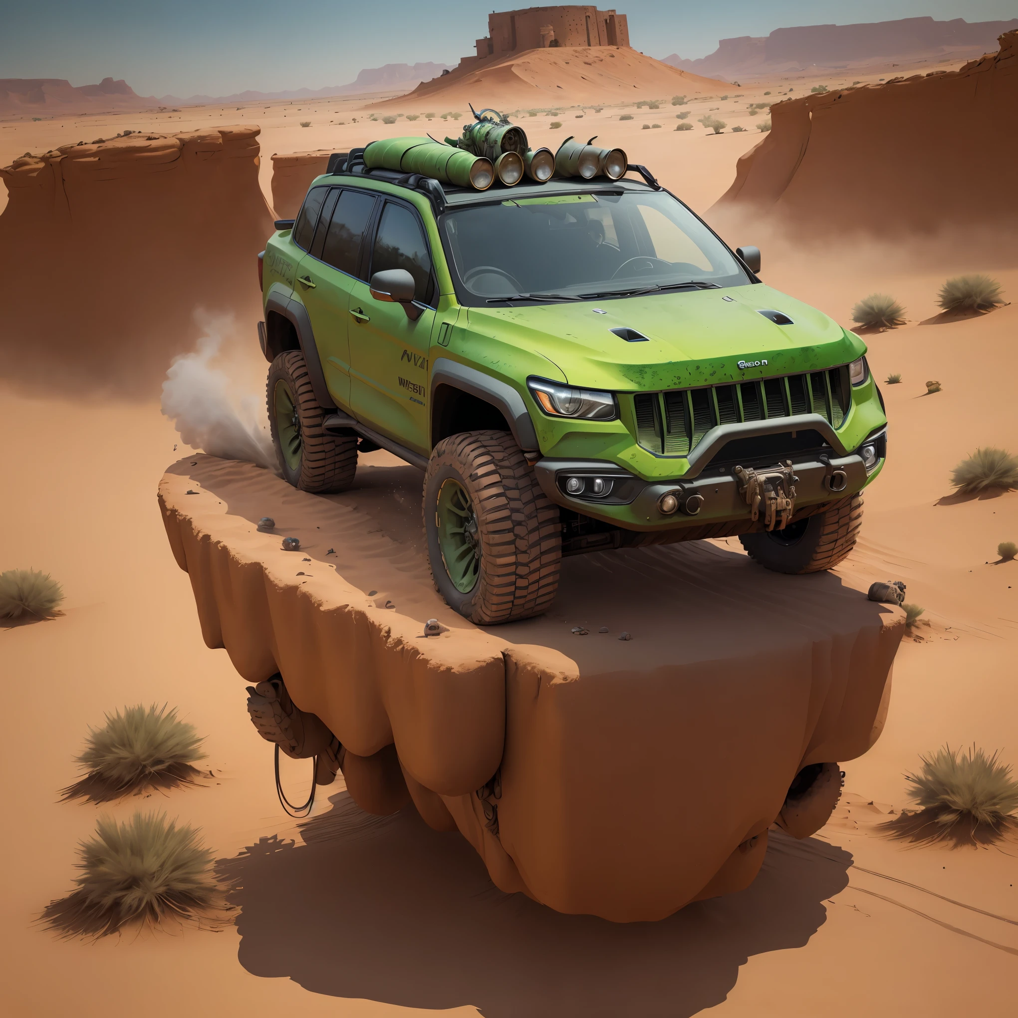 A green car in the desert,dusk,Crazy Max Fury Road Style,Fury Road,Science Fiction Cars,Trophy Trucks,8K Revelation,Crazy Max Combat Machinery,Matte Painting of Steam Engines,Automotive Concept Art,Cyberpunk Cars,Jeep Shepherds,Nomads,