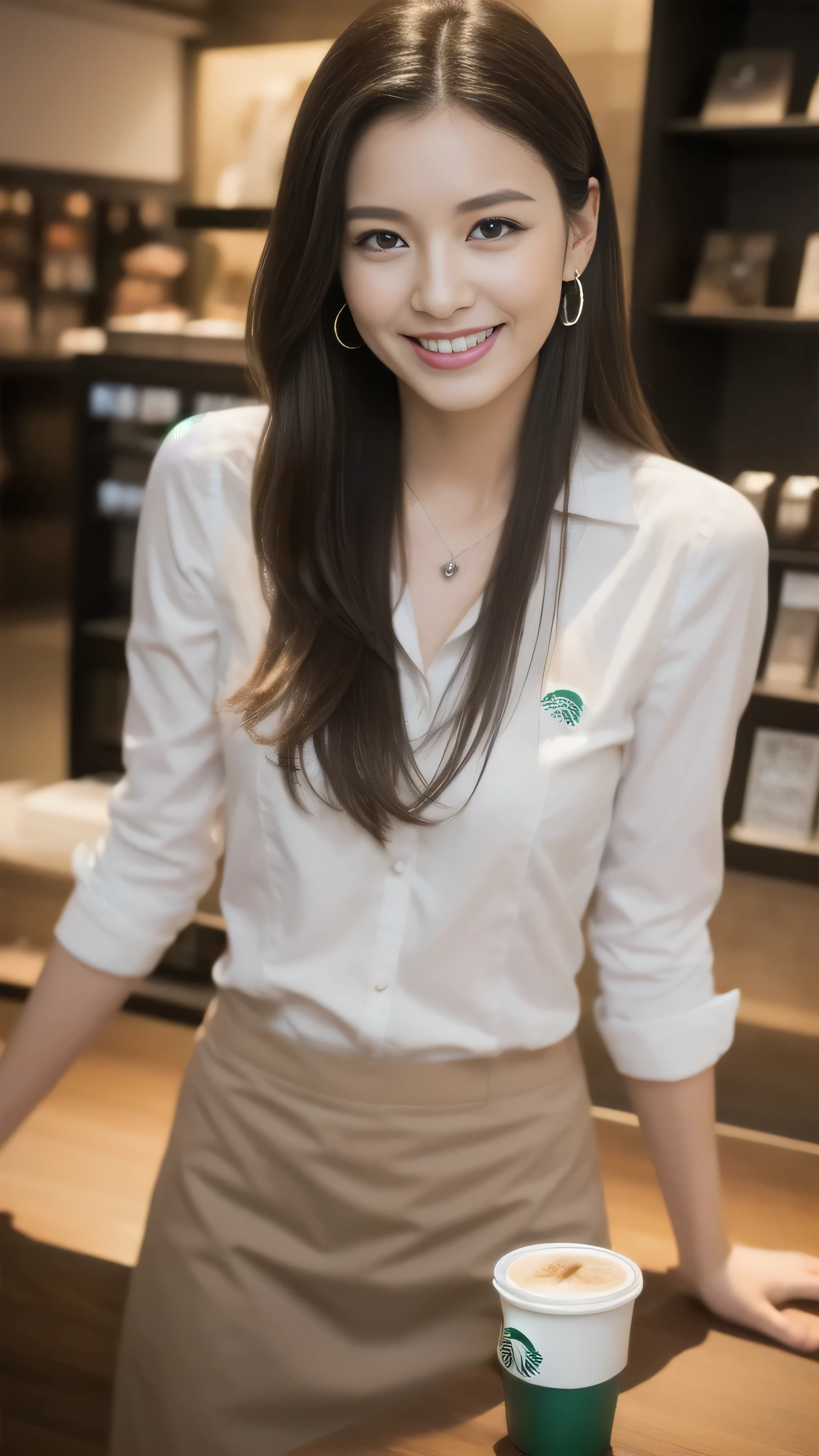 Hostess's face、Married women、Married Woman、Beauty、Starbucks Uniforms、high quality、Super Ultra Realistic、healthy、smile、Perfect figure、Japanese Beauty、 necklace、Earrings、Perfect eyes, beautiful skin、Upper Body、looking at the camera、Starbucks store