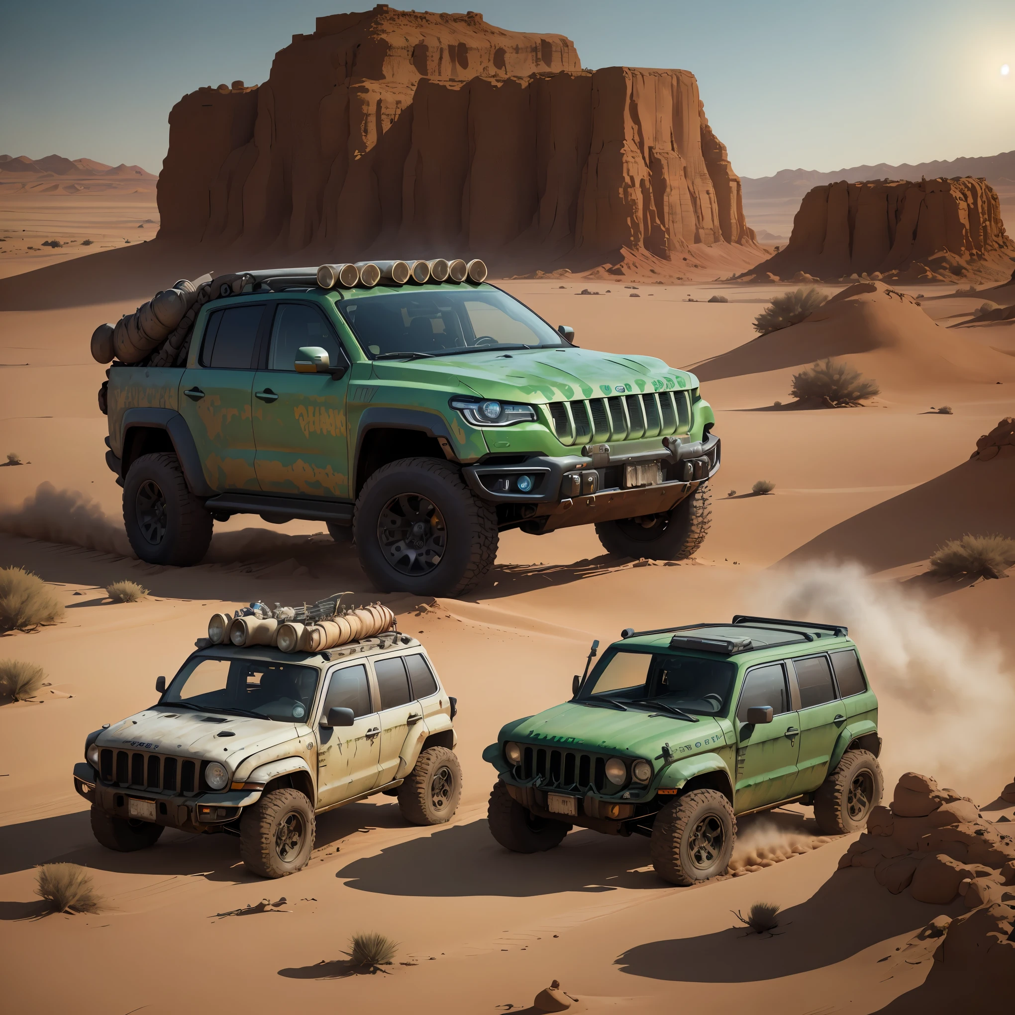 A green car in the desert,dusk,Crazy Max Fury Road Style,Fury Road,Science Fiction Cars,Trophy Trucks,8K Revelation,Crazy Max Combat Machinery,Matte Painting of Steam Engines,Automotive Concept Art,Cyberpunk Cars,Jeep Shepherds,Nomads,