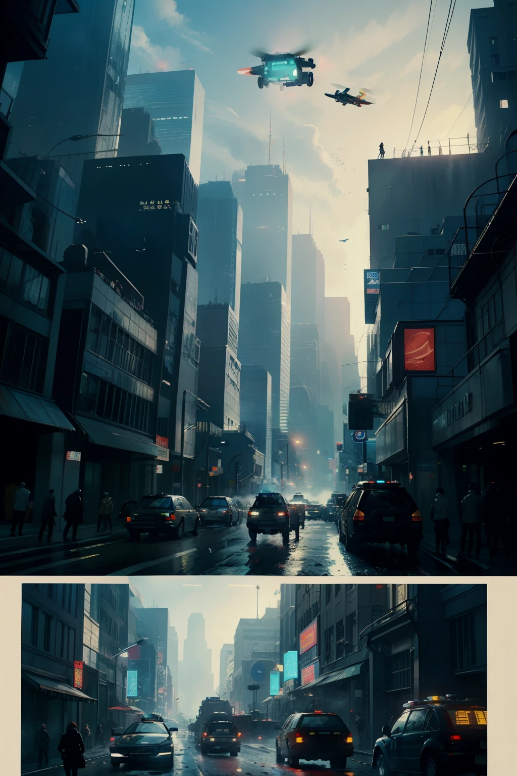 ((highest quality)), ((masterpiece)), (be familiar with), (High definition), (Accurate), (Realistic), (Cinematic), (Best Shadow), (Low contrast), (8K), Perfect Face, ((SYD MEAD style)), manga、mangaデザイン、Storyboard、Frame division、(Two police officers from the Metropolitan Police Department)、((A middle-aged inspector and a young constable))、((Police are searching for a woman:1.2))、(Scramble crossing), Police Vehicles、(Drones fly overhead.)、The car is jammed、congestion, congestion, Decadent Future City, NEO TOKYO, A.D.2051, (steam:1.2), It's raining white, evening,