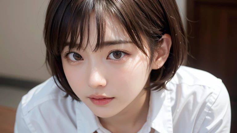 (Short Hair:1.2),(Dressed in business casual:1.2),1 girl,Japanese,28 years old,(Small breasts:1.3),(highest quality,masterpiece:1.3,超A high resolution,),(Ultra-detailed,Caustics),(Photorealistic:1.4,RAW shooting,)Ultra-Realistic Capture,Very detailed,High resolution 16K human skin close-up。 Natural skin texture、,Pores、、It needs to be detailed enough to be easily identifiable。 Skin should be even-toned and healthy looking。 Use natural light and colour, Sad expression, Looking at the camera, Perfect dynamic composition, office