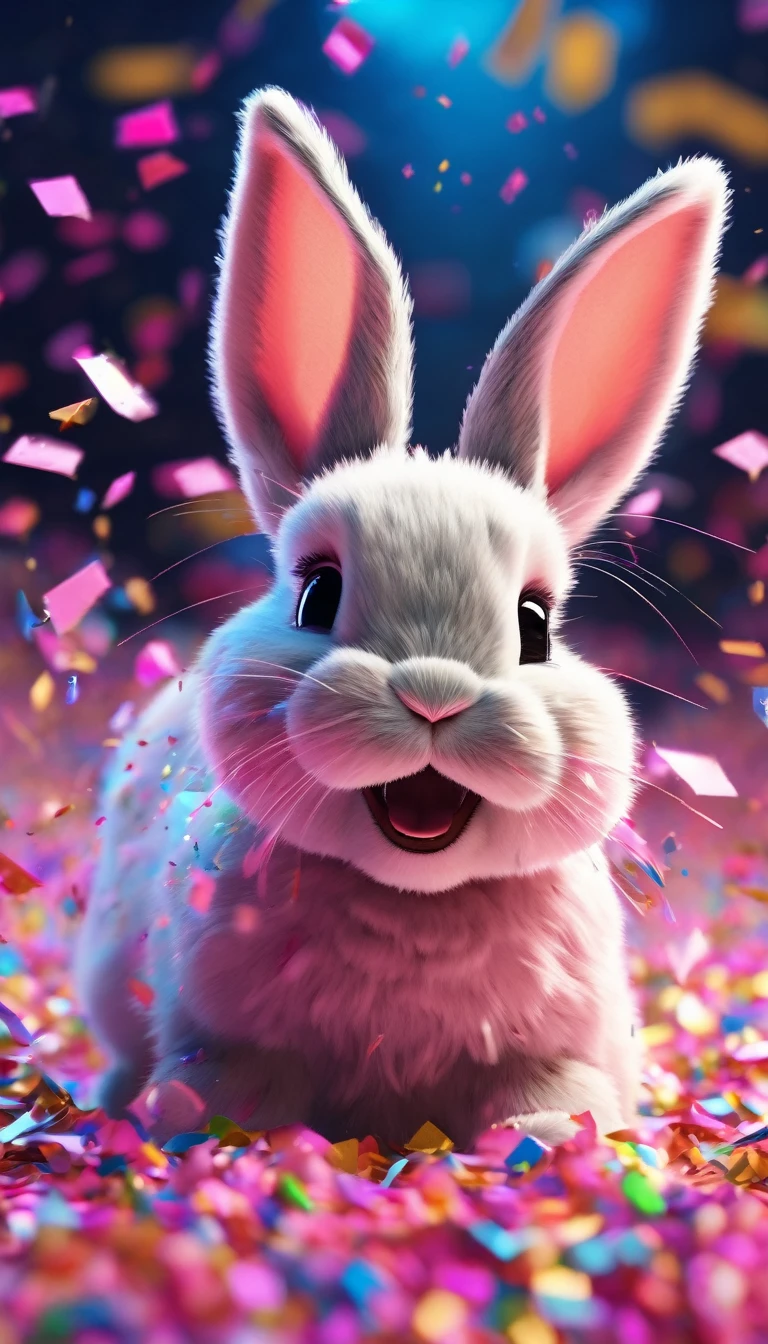 During the festival,Cute pink bunny excitedly playing in a cloud of colorful confetti, Confetti falling around happy puppy, Ultra Detailed, Delicate matte, Unreal Engine 5, Beautiful composition, dark, excellent, Intricate details, Fantasy concept art, 8k resolution, HD resolution