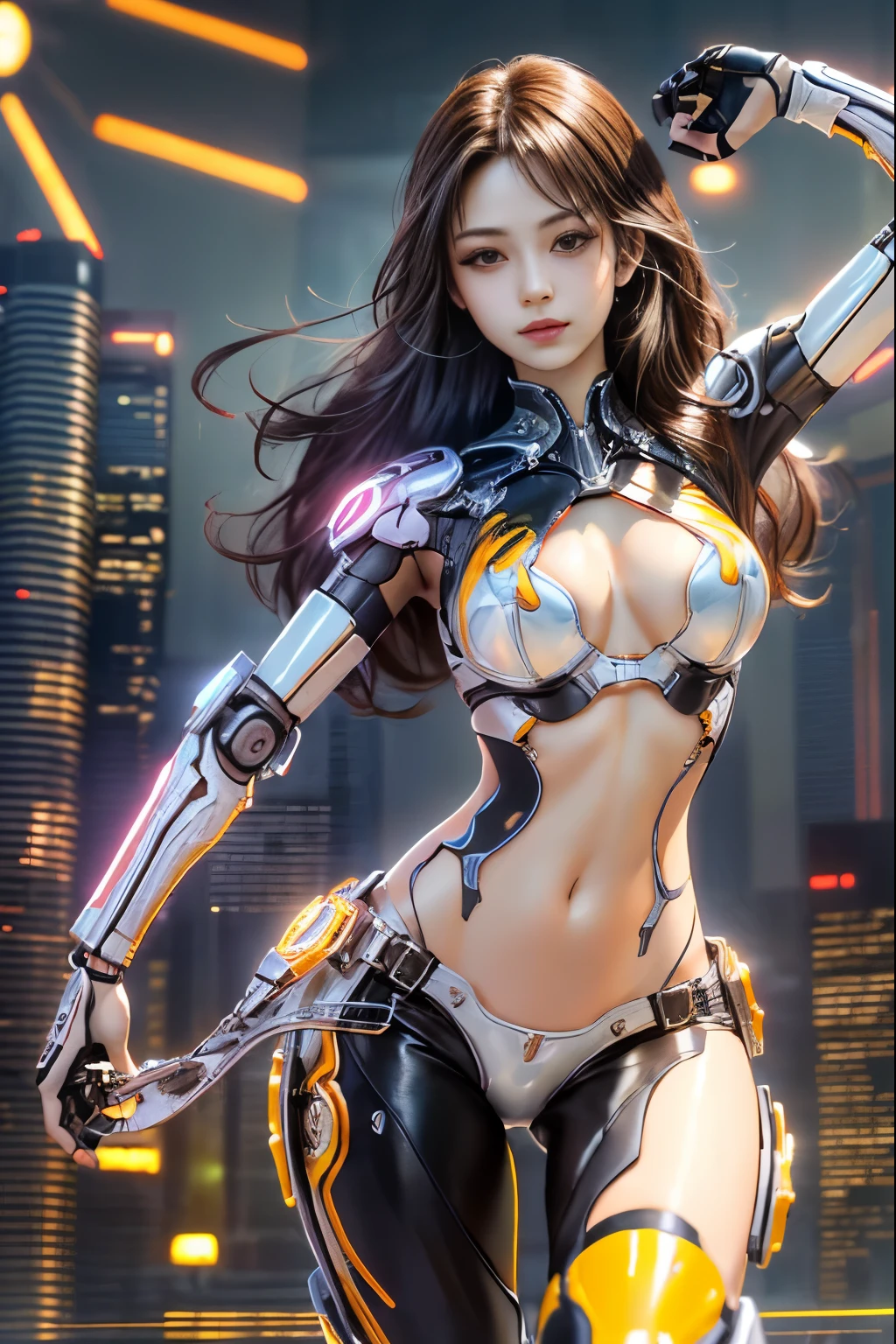 Virtual image,Realistic 8K images,hips up,Masterpiece,Complete Anatomy,Complete dynamic composition,morning sun,Light hits the front,young woman with long brown hair,staring at me.,A small but cute smile,The machine is connected to the machine..,Wear headphones with bright neon lights..,alone,,Has tattoos on his upper arms and stomach..,complicated details,Strange details,future world,Above expectations,Cyberpunk with bright neon lights all around..,Fiery cyberpunk,cybernetic robot((White-red-yellow-gold cyberpunk figure...)),Bikini body-,white tank top,The background of the large gears is deserted...