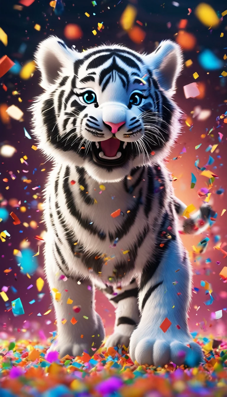 During the festival，Cute black and white tiger cub excitedly playing in a colorful confetti cloud, Confetti falling around happy puppy, Ultra Detailed, Delicate matte, Unreal Engine 5, Beautiful composition, Dark, fantastic, Intricate details, Fantasy concept art, 8k resolution, HD resolution