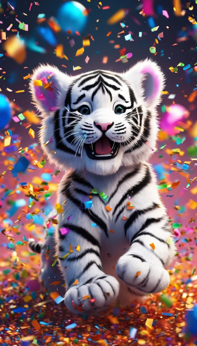 During the festival，Cute black and white tiger cub excitedly playing in a colorful confetti cloud, Confetti falling around happy puppy, Ultra Detailed, Delicate matte, Unreal Engine 5, Beautiful composition, Dark, fantastic, Intricate details, Fantasy concept art, 8k resolution, HD resolution