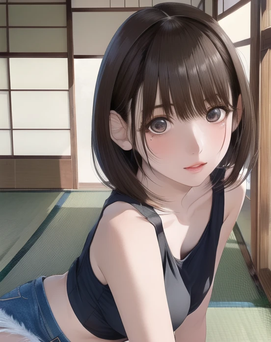 (((masterpiece))),(((High resolution)))、(((8K)))、(((perfect face)))、(((beauty of japan)))、
24 year old woman、(((beautiful face))), (((black crop tank top、denim mini skirt))), ((Shiny brown hair, short hair, brown eyes))、embarrassed look, look at the camera, (thighs)、top quality eyes, sparkling eyes, (fine eyes)、sparkling eyes, (fine eyes)、fine texture, look at the camera, Are standing, Depict the whole body、Accurate body expression