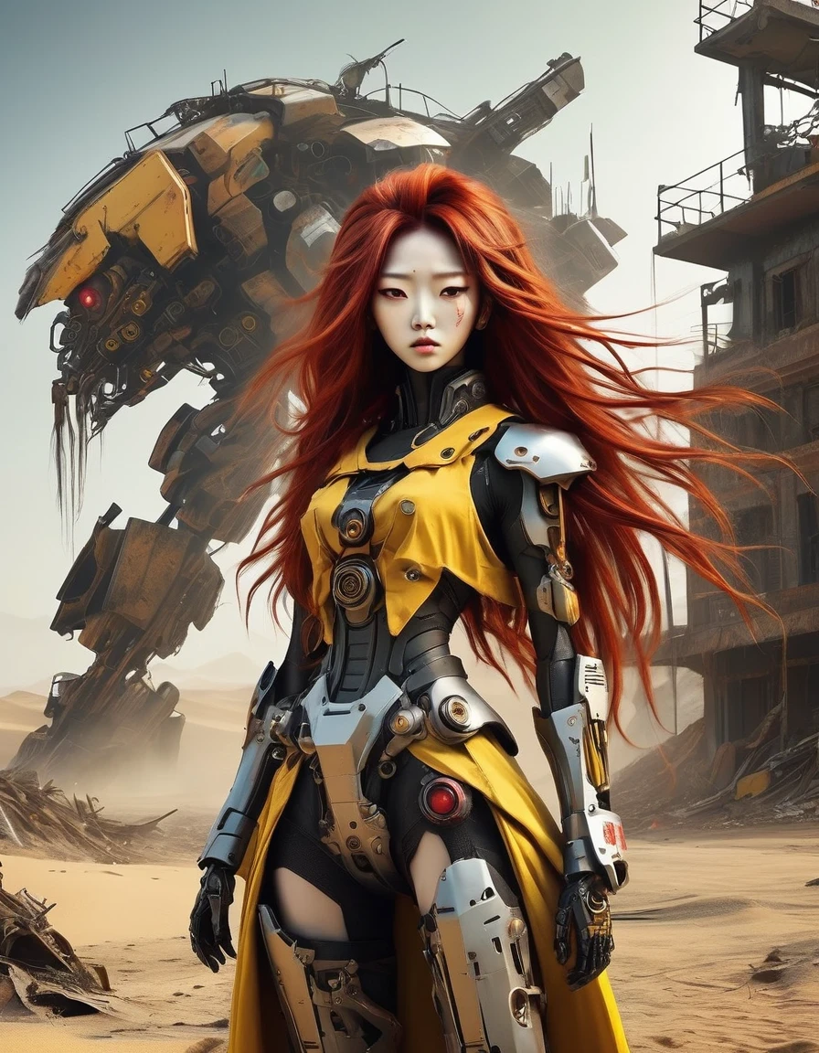 Post-apocalyptic wasteland，（A very beautiful and powerful heroine in the doomsday world），Mecha Clothing，Extra long red hair，Beautiful Asian face，, mechanical, Glass mask passes light through, Delicate skin texture, Determined gaze，It&#39;s the scorching sun and strong wind，Yellow sand rolling，The broken eaves and broken walls are everywhere, and the scene is desolate.，Sunset background、Colorful light、Multiple colors、Mid-shot、side view、C4D、Futurism、Sci-fi style、8K、Cyberpunk、Complex lines、Extreme details，Exaggeration in appearance，Can make enemies feel fear。Many items are basically worn out.，Rust，The form of splicing，Add splash graffiti to create the environment of a wasteland world。Elements such as neon lights will often appear in Post-apocalyptic wasteland。The most important point is that the wasteland world is a world after the collapse of technological civilization.，Productivity setbacks，Material resources are extremely scarce，And scarcity is the essence of the world，The inequality of supply and demand gives things value。