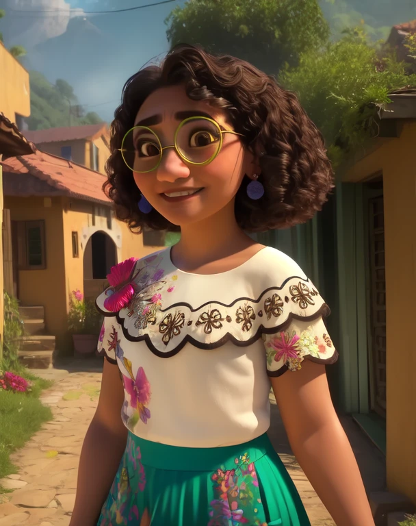 Mirabel,Brown eyes,Brown hair,
earrings,green round glasses,White shirt,floral print,skirt,
smile,
standing,upper body,
on open air,Small houses,
(insanely detailed, beautiful detailed face, masterpiece, Best quality) cinematic lighting, Swimsuit