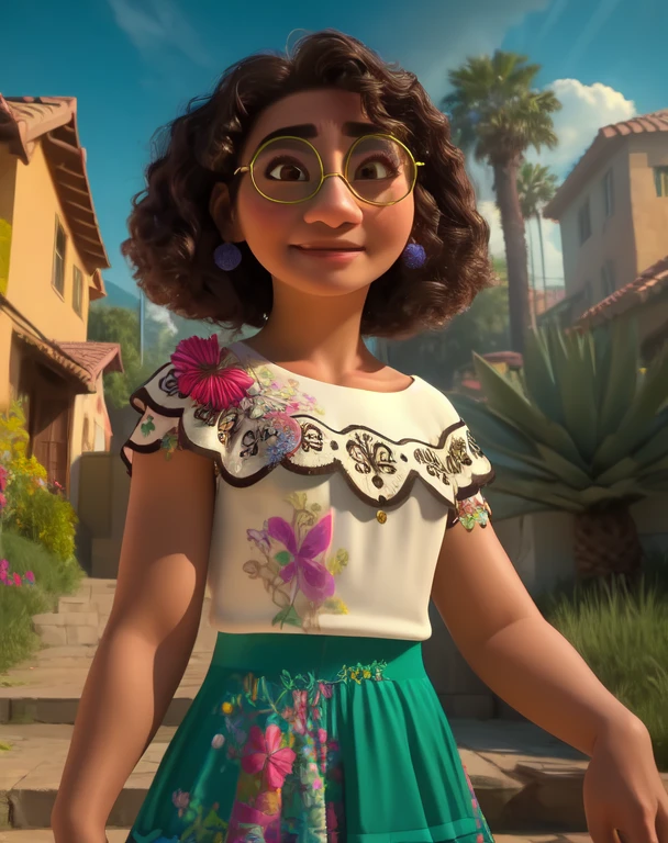 Mirabel,Brown eyes,Brown hair,
earrings,green round glasses,White shirt,floral print,skirt,
smile,
standing,upper body,
on open air,Small houses,
(insanely detailed, beautiful detailed face, masterpiece, Best quality) cinematic lighting, Swimsuit 