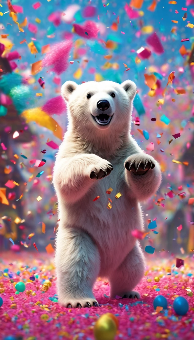 During the festival，Cute pink polar bear playing excitedly in a cloud of colorful confetti, Confetti falling around happy puppy, Ultra Detailed, Delicate matte, Unreal Engine 5, Beautiful composition, dark, excellent, Intricate details, Fantasy concept art, 8k resolution, HD resolution