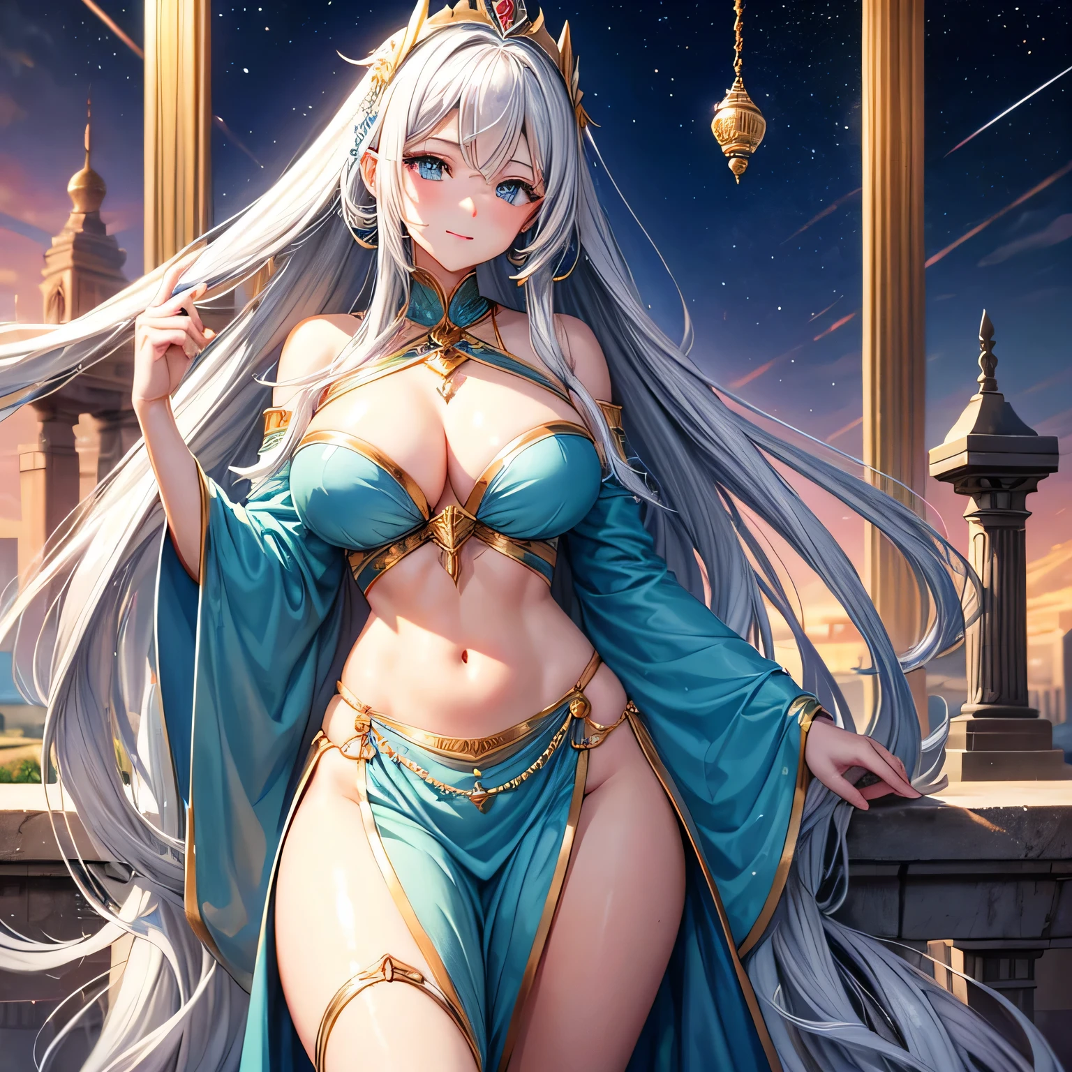 Whitening Gray Hair Long Hair blue eyes Gentle smile tiara green egyptian costume beauty sexy Big Breasts mature whole Mysterious charm Charming pyramid valley key Beautiful breasts fortune teller whole body