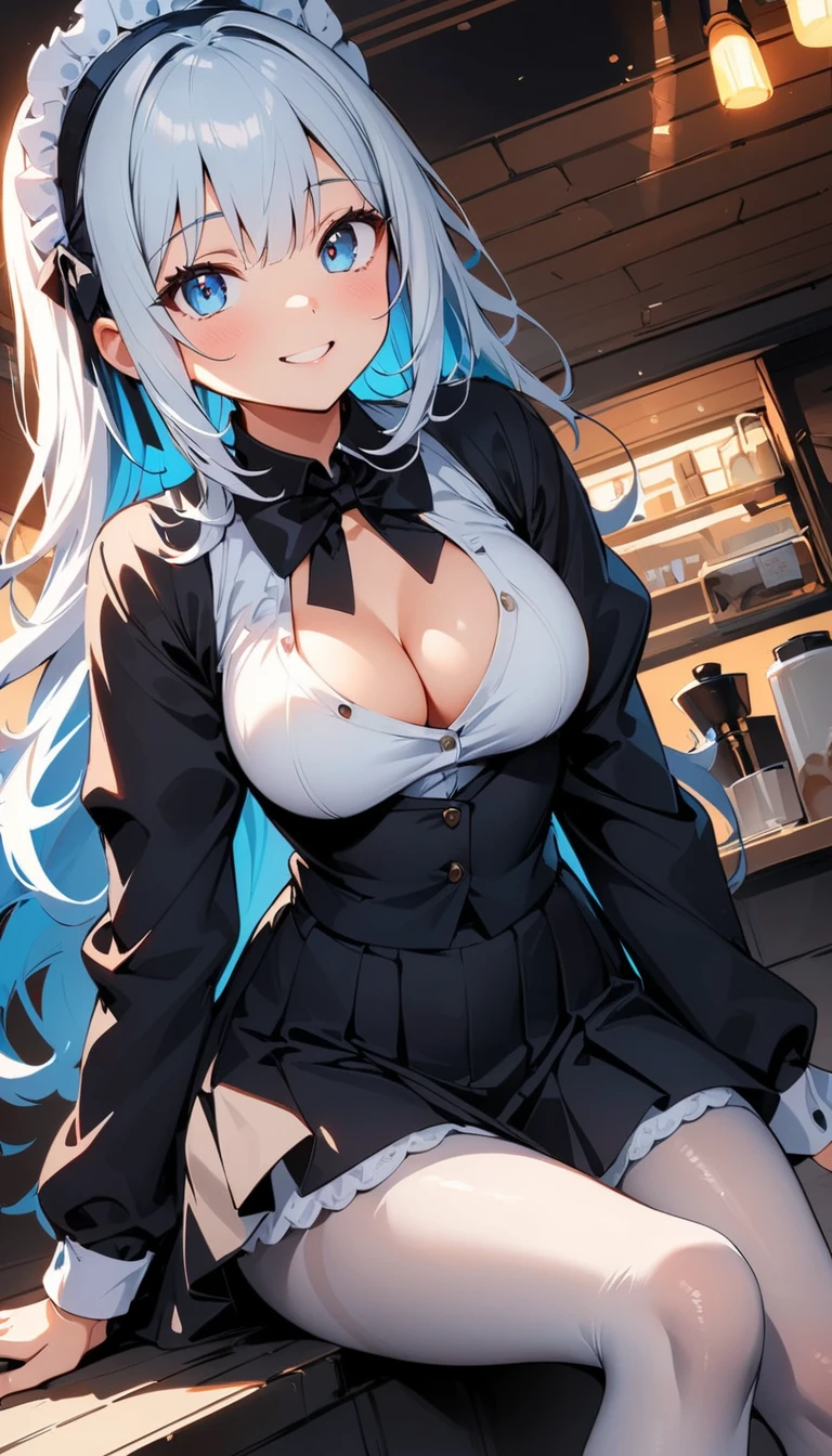 (high quality, 8k, 4K, High Contrast, masterpiece:1.2, 最high quality, Best aesthetics), , Maid, Very detailed, Seductive and erotic girl with lace headdress, smile, (Normal milk, Silver fur), Focus on the face, Focus on the face, Complex eyes, tights, laced tights, coffee shop, Ground angle shot, Viewers looking up, feet in tights, Open-chested clothing