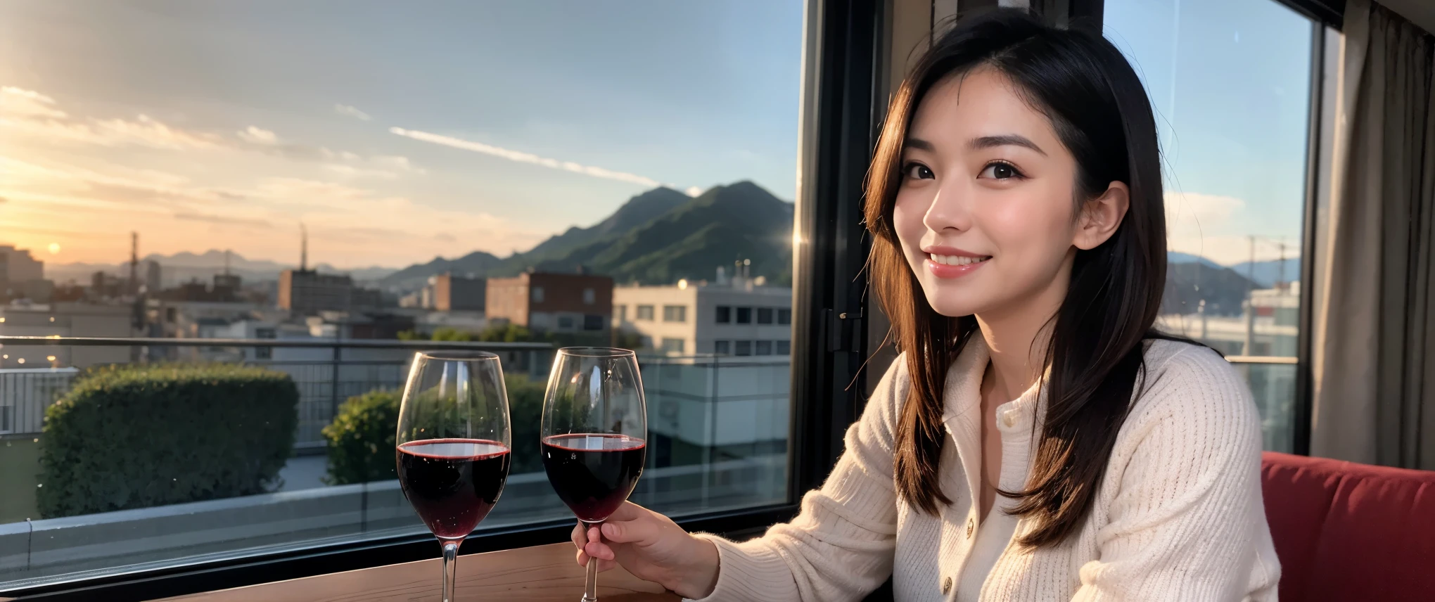 ((Highest quality、、masterpiece:1.3))、1 male、1 female、42 years old 39 years old、Slim Beauty、Beautiful couple、Upper Body、smile、 (Slim face), (the body is スリム), (Brown Hair), (Shortcuts), テーブルのフルコースディナーとwine glass、Amazing view of the sunset sky and clouds、smileの美しさ、Wine bottle、sparkling wine、Long sleeve shirt、dress、White wine, red wine, wine glass, Beautiful fine grain, Depth f/2,saturation, High Contrast, Strong light and shadow,Moist Body:1.5、3D texture、The hair is very shiny、