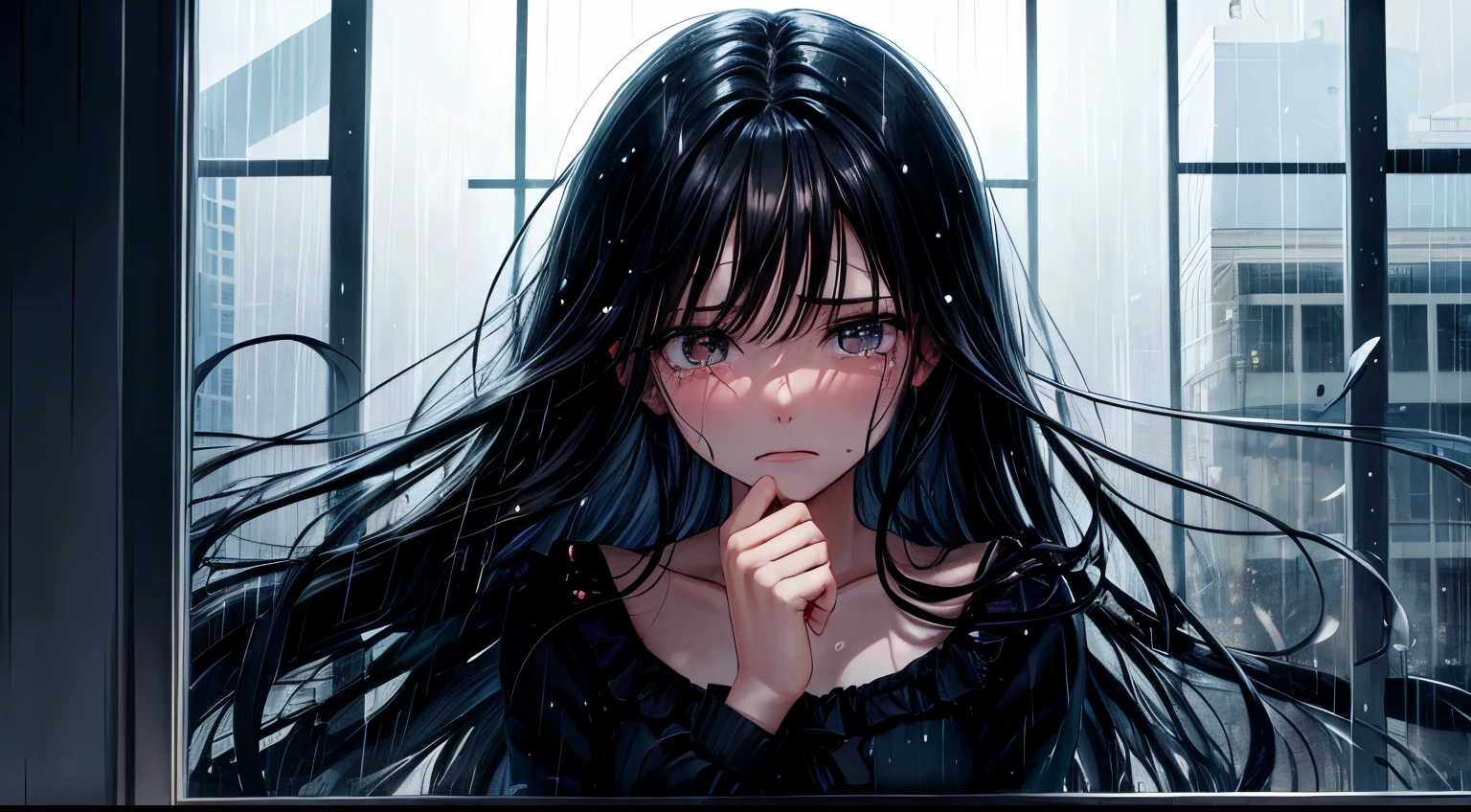 Sad expression Crying face night woman Black Hair Long Hair Inside the room Rain outside the window