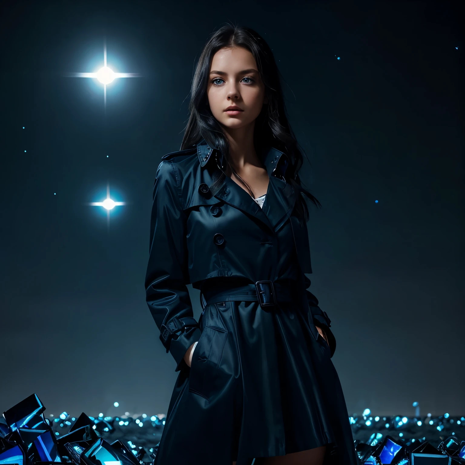 (best quality, masterpiece),(1girl, trench coat,expression face, blue eyes, looking at viewer, black hair, closed mouth, dress shirt, black skirt, hand at viewer), (less blue light, swrling many blue glass pieces behind, floating objects, night sky)