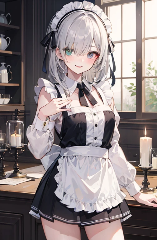 1 Girl, Long hair, Solitary, apron, maid,(miniskirt)，((Sexy))，Delicate clavicle，Hollow clothes，(( Hair covering one eye)), Looking at the audience, collared skirt, black skirt, Candle, Long sleeve, maid apron, decorate, Hair accessories, Heterochromia, white apron, Gray eyes, own hands, Smile, Bangs, Gray hair, Shut up, indoors ,
/////////// 