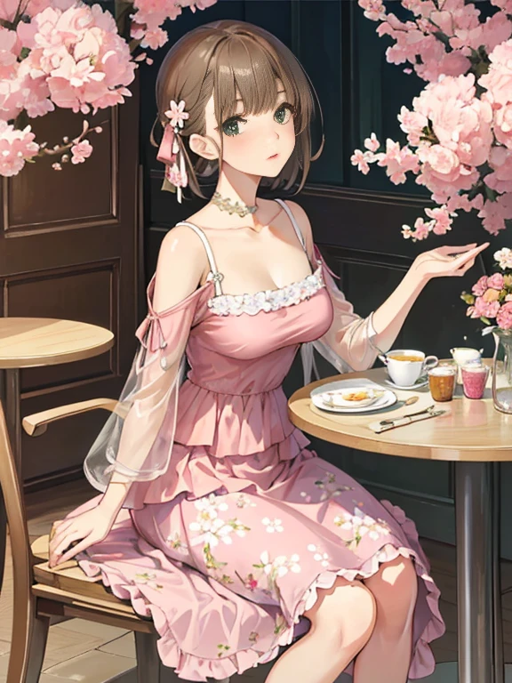 masterpiece, highest quality,Kimoto_cherry blossoms, Girly style, Lace dress, pastel colour, Floral print, High Waist Skirt, ballet flats, delicate accessories, Cafe, indoor, high tea, please sit down, table,.Young and beautiful girl, Green Eyes, Brown short hair, Super detailed, Official Art, unity 8k wallpaper, (Fashion magazine cover:1.3), ..