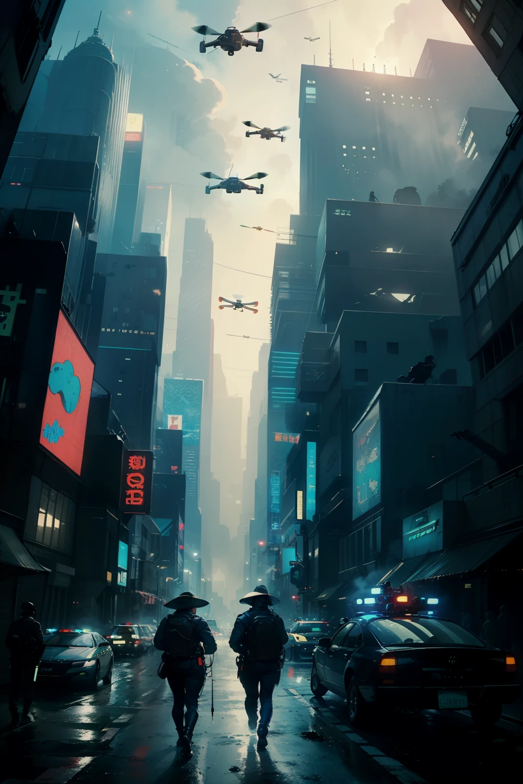 ((highest quality)), ((masterpiece)), (be familiar with), (High definition), (Accurate), (Realistic), (Cinematic), (Best Shadow), (Low contrast), (8K), Perfect Face, ((SYD MEAD style)), manga、mangaデザイン、Storyboard、Frame division、(Two police officers from the Metropolitan Police Department)、((A middle-aged inspector and a young constable))、((Police are searching for a woman:1.2))、(Scramble crossing), Police Vehicles、(Drones fly overhead.)、The car is jammed、congestion, congestion, Decadent Future City, NEO TOKYO, A.D.2051, (steam:1.2), It's raining white, evening, 