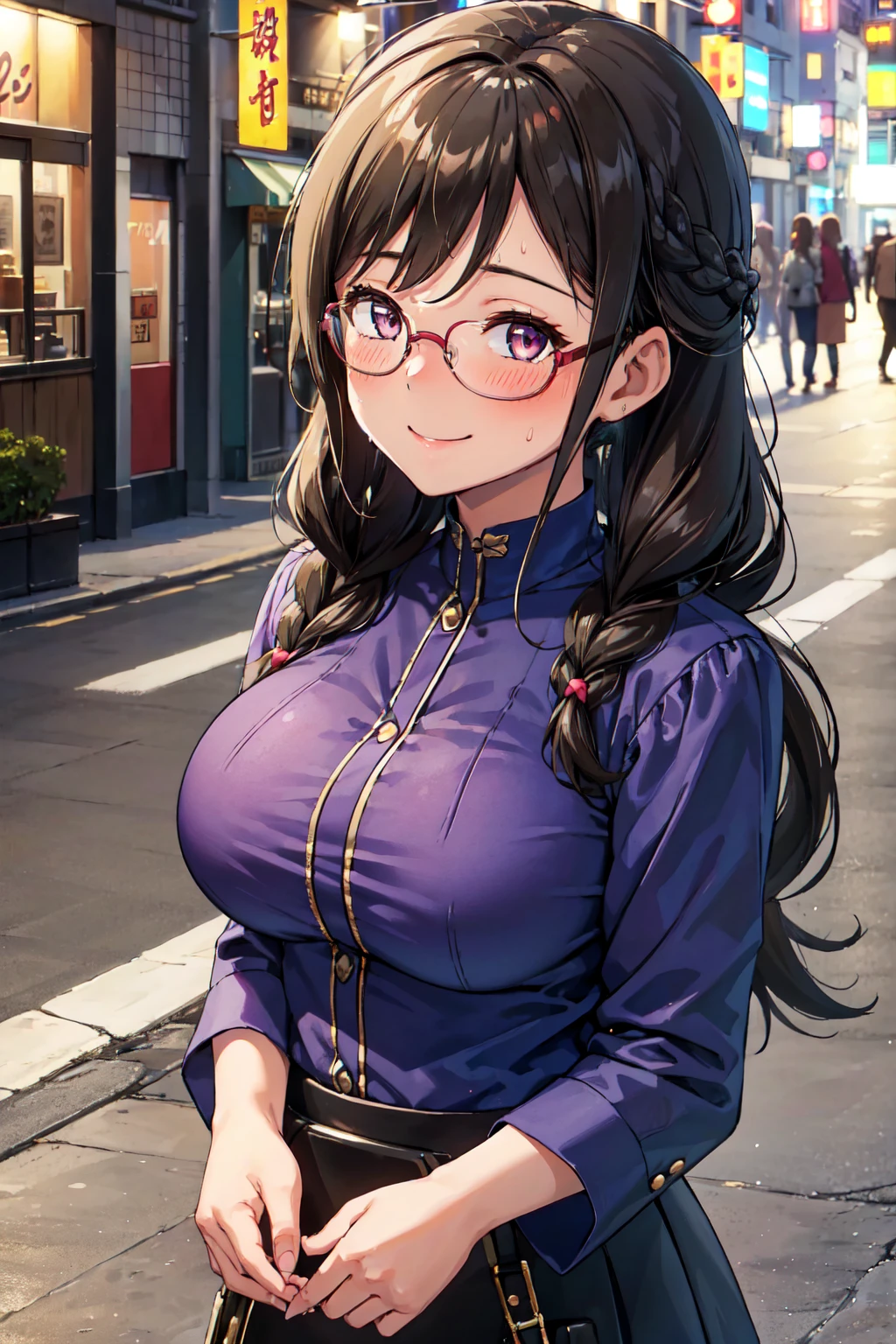 (high quality, High resolution, Finer details), Sidewalk, Side view, alone, girl, Braided hair, , Sparkling eyes, (large round frame glasses), (fine grain), Big Breasts, ((A kind smile)), blush, Sweat, Oily skin, (Focus plane), Shallow depth of field