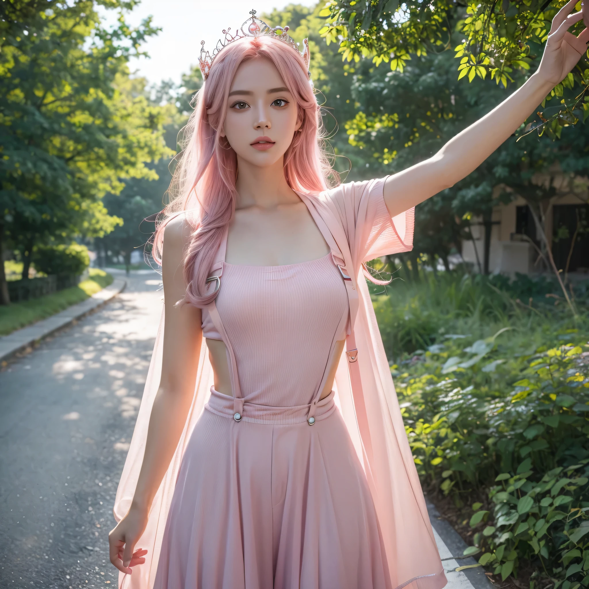 (8k, RAW photos, best quality, masterpiece), Ultra-high resolution, (Practical, photo-Practical), 1 Girl, No emotions, Solitary, Pink Hair, Yellow eyes, Professional lighting, Detailed lighting, Backlight, Depth of Field, Natural Lighting, Clear focus, Two meters shooting distance, Professional photo shoot, Delicate eyes, Practical eyes, Detailed shadows, CG games, role play, pink clothes with arm ring, Suspenders, Upper Body, pink clothes, External, crown, Gundam, Mecha,