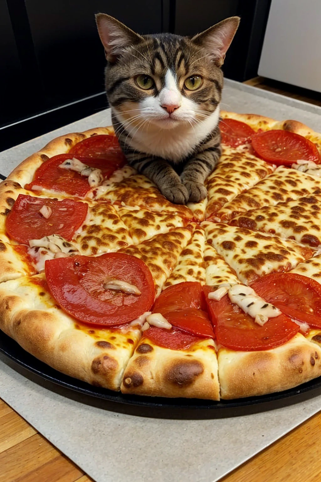 Cat chef is going out to serve a big pizza to dog, his best friend.