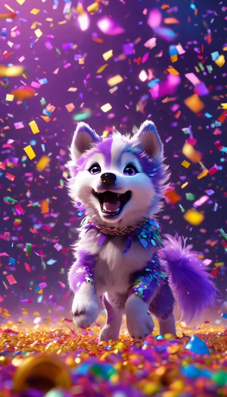 During the festival,Cute purple wolf cub excitedly playing in a cloud of colorful confetti, Confetti falling around happy puppy, Ultra Detailed, Delicate matte, Unreal Engine 5, Beautiful composition, dark, excellent, Intricate details, Fantasy concept art, 8k resolution, HD resolution