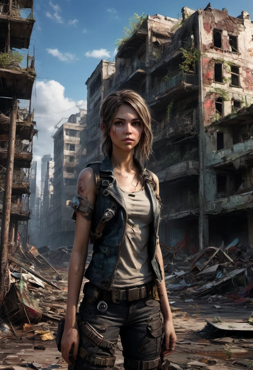 1girl, Post-Apocalyptic Wasteland, Giant sunflower growing from rubble, Scavengers digging through a post-apocalyptic city after the end of the world Epic cinematic brilliant stunning intricate meticulously detailed dramatic atmospheric maximalist digital matte painting volumetric lighting concept art