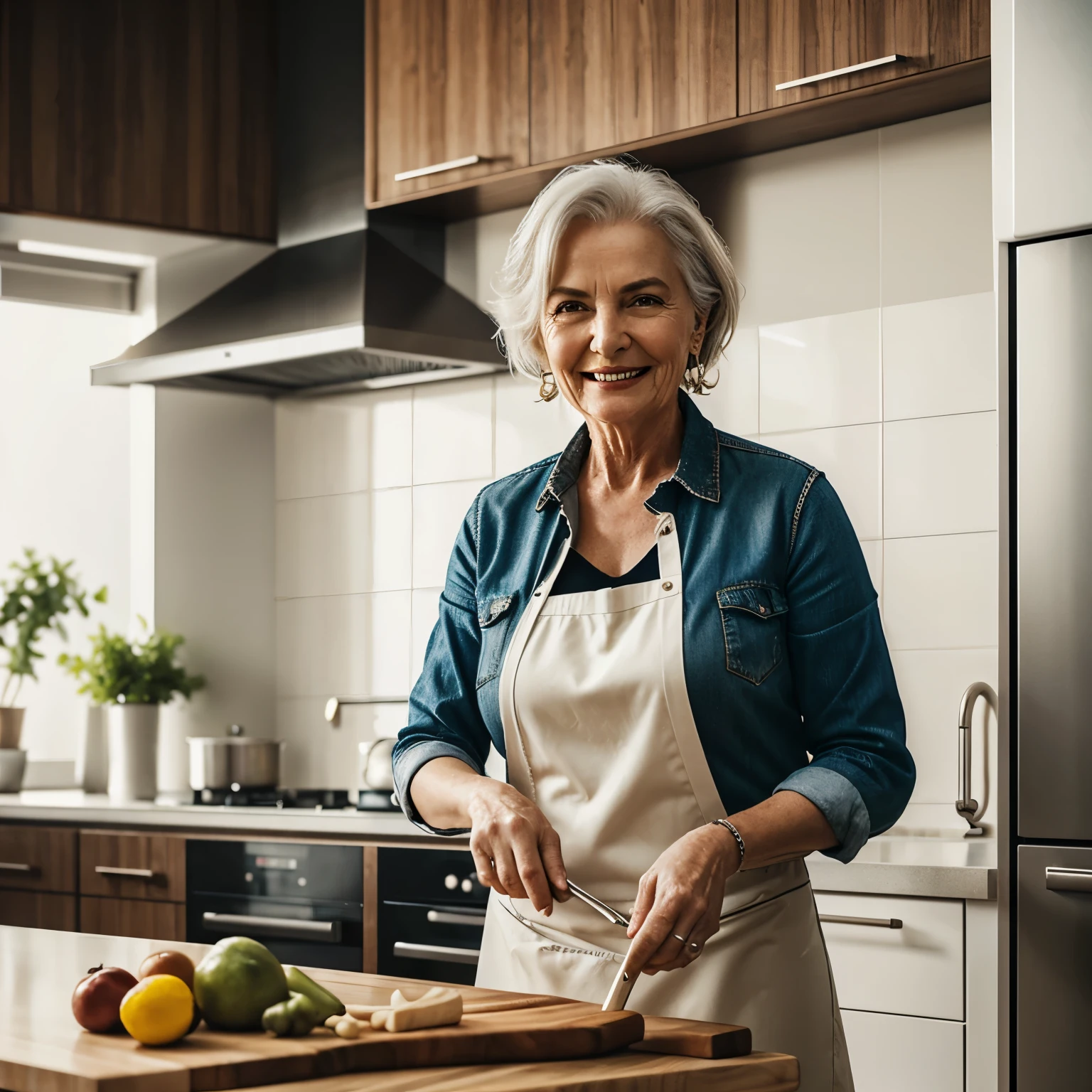 hyper-realistic (RAW, analog), grunge, image of a mature woman happily cooking in a modern kitchen., ultra unique natural textures, slight imperfections, vray