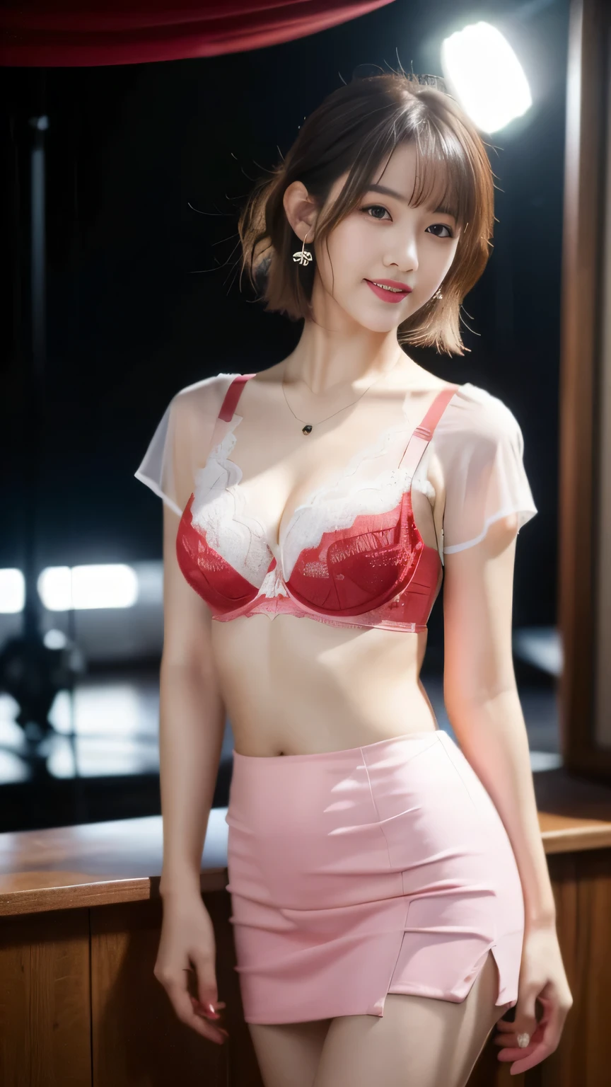 ((highest quality、8k、masterpiece: 1.3))、Perfect body beauty: 1.4、Slim Abs: 1.2、beautiful woman with slim abs:1.3、(Highlight Haircut、Breast A cup:1.2), Small breasts, Round shaped breasts, Perfectly shaped breasts, (((loose sheer shirt))), (good, ), Simple Necklace, Ultra detailed face、18-year-old、 Beautiful woman、(Dark brown shortcuts), Slim face、Highly detailed face and skin texture、Highly detailed lips、Spread your legs、highest quality、masterpiece、超A high resolution、(Photorealistic:1.4), I walked with confidence, Open your arms, Long Shot , (Outdoor), Light background, Sunset Light,
((News program studio, Open glass windows:1.2)),
((Beautiful female announcer,White tight blouse,Tight skirt:1.5)),
((A gaze that seduces men, Red bra:1.5)),
((Gorgeous Earrings, Silver Necklace)),
((Bright lighting, Foliage plant:1.2)),
Ultra-detailed skin, Fair skin, Glossy Skin, Ultra detailed face,
Slim face contour, Beautiful small face, Beautiful straight nose,
Ultra-detailed eyes, Slit eyes, Brown eyes, double eyelid, Ultra-thin eyebrows, Thin, long eyelashes,
Ultra-detailed lips, Plump and moisturized lips, glossy pink lips, Flushed Cheeks, ((White beautiful teeth)),
Beautiful actress's ennui makeup, Pink lipstick,
Dark Brown Hair, Delicate soft hair, Hair blowing in the wind,
(Put your hair up, Medium Short Hair, ponytail:1.2),
Layered Cut, (Blunt bangs:1.2),
Cute smile, Mouth half open, A dreamy look, ((Staring at the viewer)),
(((Photorealism,Shoot the whole body from the thighs:1.2))), ((The body is facing sideways)),
Dynamic Lighting,