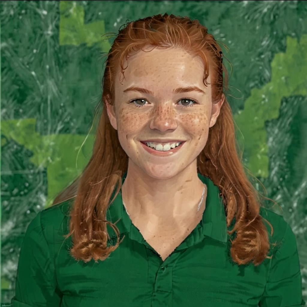 1girl, yearbook photo, green background, smiling, ginger, civilian clothes, ultraleastic, smiling, 8k, 4k, good lighting, daytime, freckles,