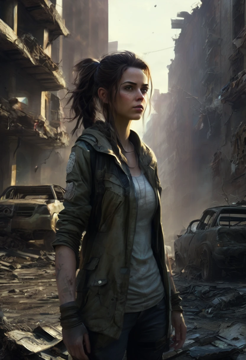 arafed image of a woman in a military outfit standing in a destroyed city, artwork in the style of guweiz, wojtek fus, postapocalyptic vibes, post - apocalyptic style, post - apocalyptic vibe, in a post-apocalyptic wasteland, guweiz, bleak apocalyptic style, highly realistic concept art, postapocalyptic style