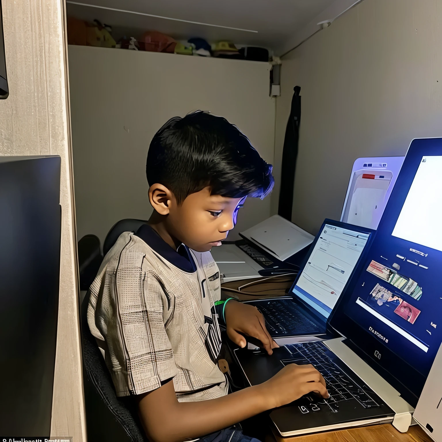 Generating a image of a boy who looks like and innocent and his working in front of the laptop by listening the music and he has the spectacles and he is in Indian