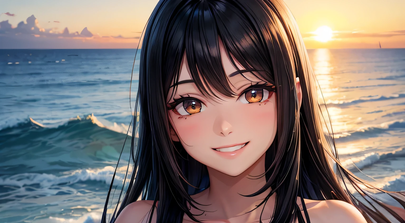 smile　A big smile　woman　Black Hair　Long Hair　Sunset　coastal　Detailed facial depiction　Detailed hair depiction