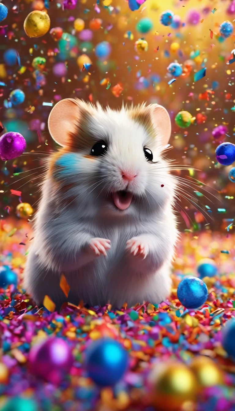 During the festival,Cute rainbow colored hamster excitedly playing in a colorful confetti cloud, Confetti falling around happy puppy, Ultra Detailed, Delicate matte, Unreal Engine 5, Beautiful composition, dark, excellent, Intricate details, Fantasy concept art, 8k resolution, HD resolution
