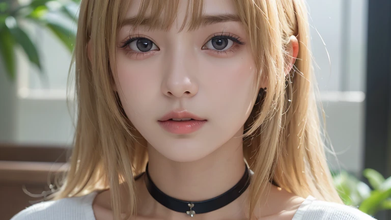 (long cut hair, Blonde Hair, bangs:1.2),(Wearing a choker, Wearing a blouse:1.2),1 girl,Japanese,28 years old,(Small breasts:1.3),(highest quality,masterpiece:1.3,超A high resolution,),(Ultra-detailed,Caustics),(Photorealistic:1.4,RAW shooting,)Ultra-Realistic Capture,Very detailed,High resolution 16K human skin close-up。 Natural skin texture、,Pores、、It needs to be detailed enough to be easily identifiable。 Skin should be even-toned and healthy looking。 Use natural light and colour, Sad expression, Looking at the camera, Perfect dynamic composition, Inside the church